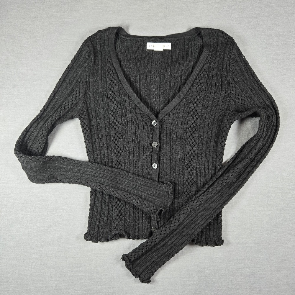 Aeropostale Black‎ Ribbed Pointelle Knit Cardigan V-Neck Cropped Y2K Style Small